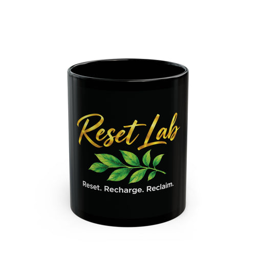 Start your mornings with intention. The Reset Lab Black Mug